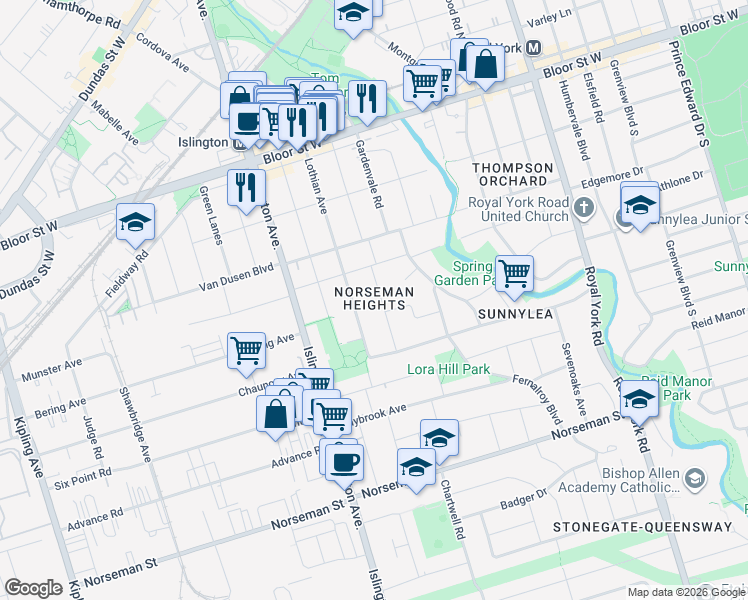 map of restaurants, bars, coffee shops, grocery stores, and more near in Toronto
