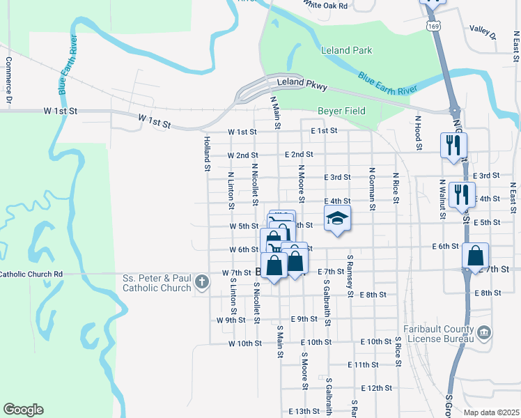 map of restaurants, bars, coffee shops, grocery stores, and more near 309 North Nicollet Street in Blue Earth