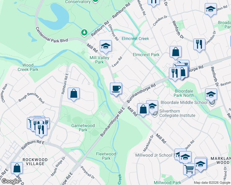 map of restaurants, bars, coffee shops, grocery stores, and more near 350 Mill Road in Toronto