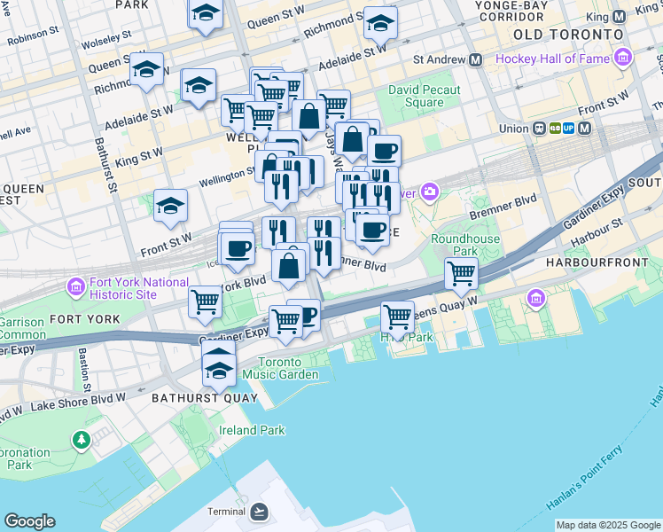 map of restaurants, bars, coffee shops, grocery stores, and more near 10 Navy Wharf Court in Toronto