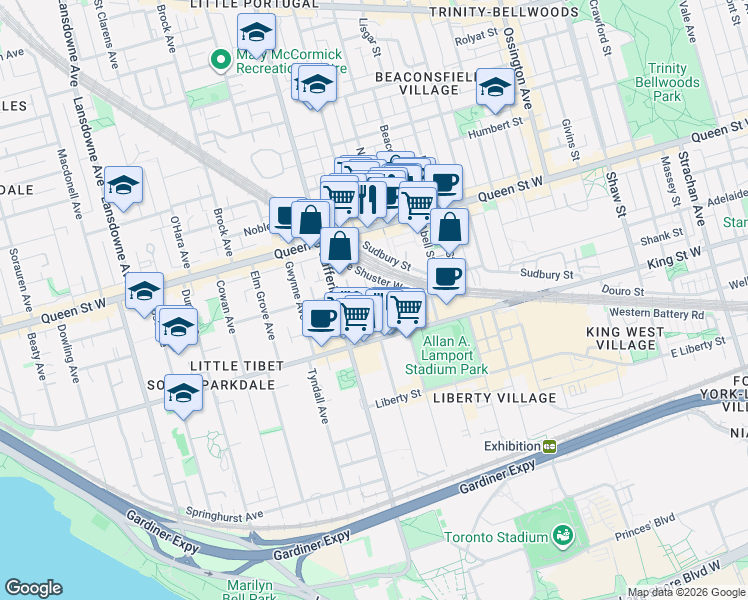 map of restaurants, bars, coffee shops, grocery stores, and more near 25 Laidlaw Street in Toronto