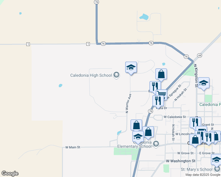 map of restaurants, bars, coffee shops, grocery stores, and more near 825 North Warrior Avenue in Caledonia