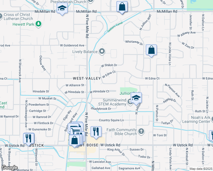 map of restaurants, bars, coffee shops, grocery stores, and more near 10360 West Alliance Street in Boise