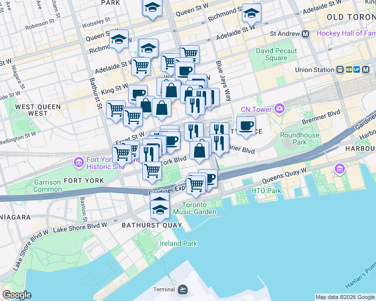 map of restaurants, bars, coffee shops, grocery stores, and more near in Toronto