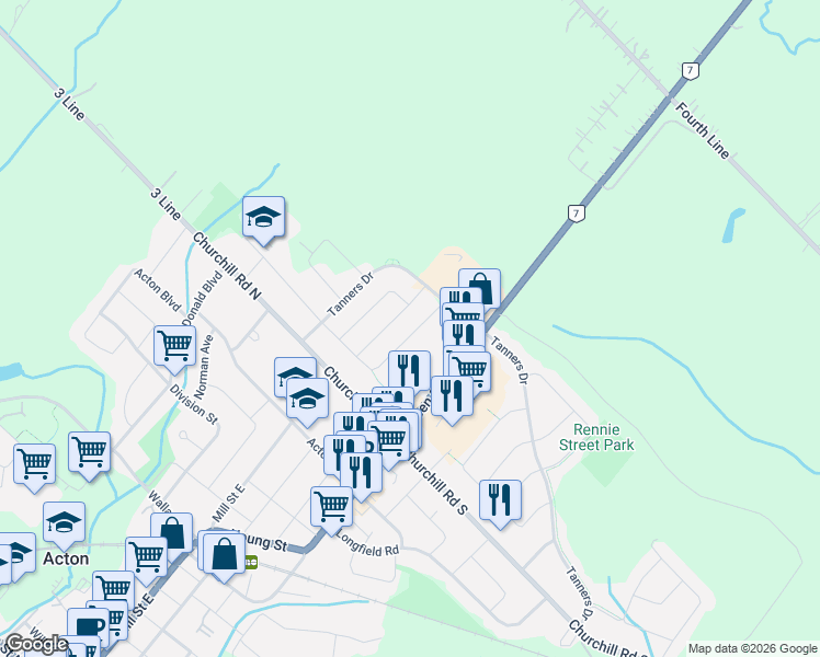 map of restaurants, bars, coffee shops, grocery stores, and more near 32 Bonnette Street in Acton