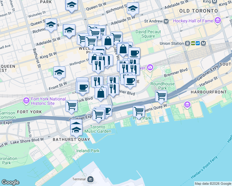 map of restaurants, bars, coffee shops, grocery stores, and more near 10 Navy Wharf Court in Toronto