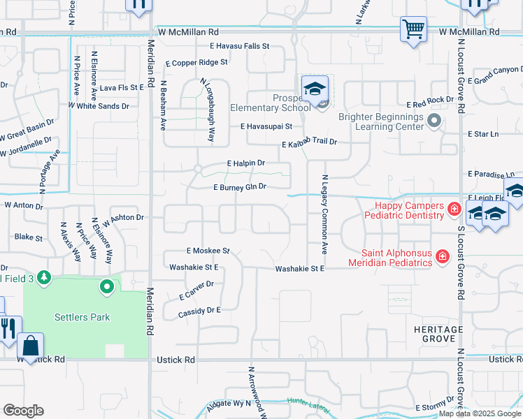 map of restaurants, bars, coffee shops, grocery stores, and more near 610 East Anton Street in Meridian