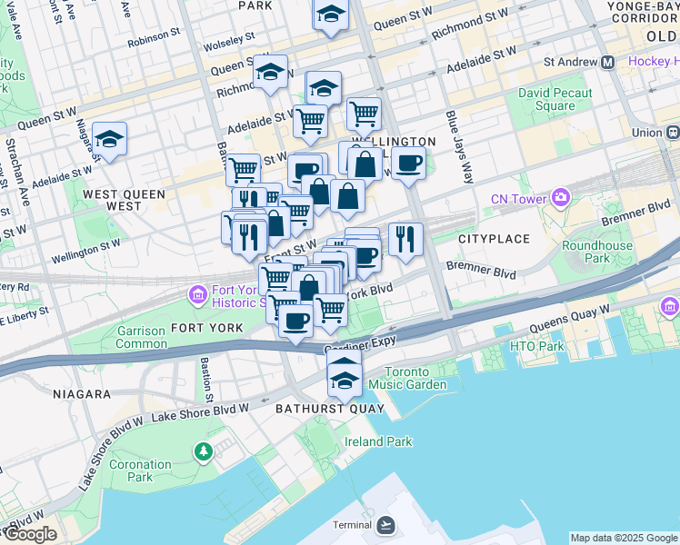 map of restaurants, bars, coffee shops, grocery stores, and more near 21 Iceboat Terrace in Toronto