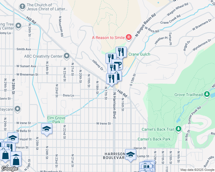 map of restaurants, bars, coffee shops, grocery stores, and more near 1674 West Hill Road in Boise