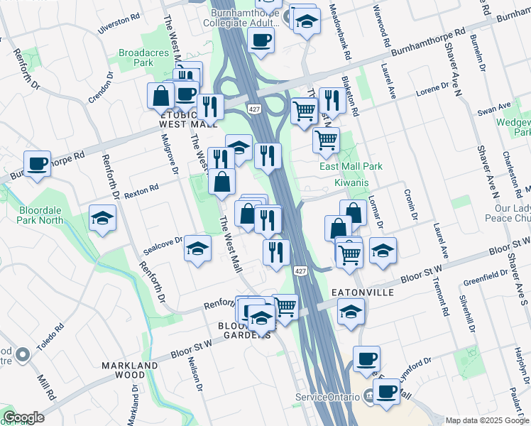map of restaurants, bars, coffee shops, grocery stores, and more near 6 Eva Road in Toronto