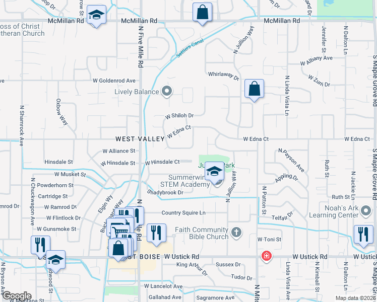 map of restaurants, bars, coffee shops, grocery stores, and more near 10261 West Alliance Street in Boise