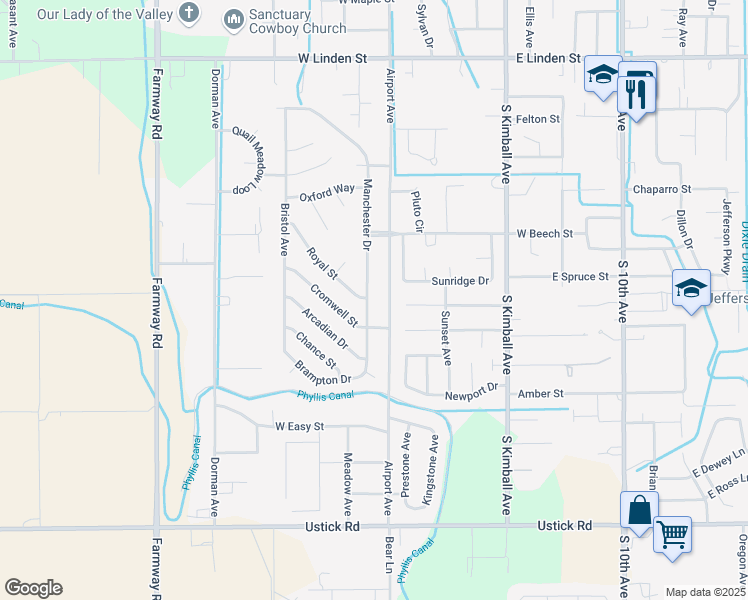 map of restaurants, bars, coffee shops, grocery stores, and more near 3319 Manchester Drive in Caldwell
