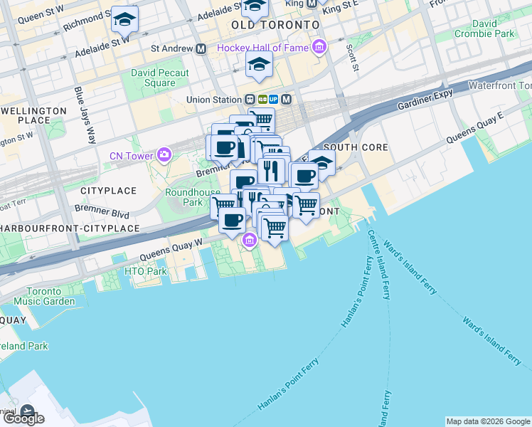 map of restaurants, bars, coffee shops, grocery stores, and more near 8 York Street in Toronto
