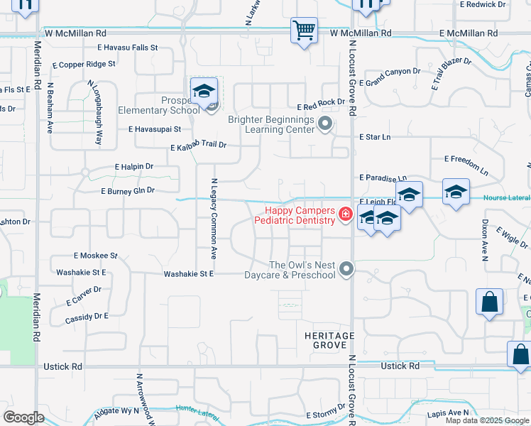 map of restaurants, bars, coffee shops, grocery stores, and more near 1855 East Leigh Field Drive in Meridian
