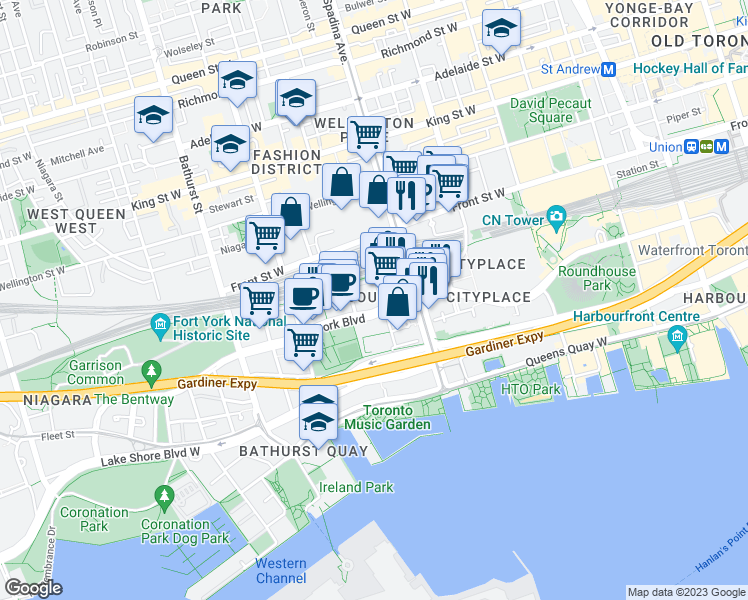 map of restaurants, bars, coffee shops, grocery stores, and more near 26 Telegram Mews in Toronto