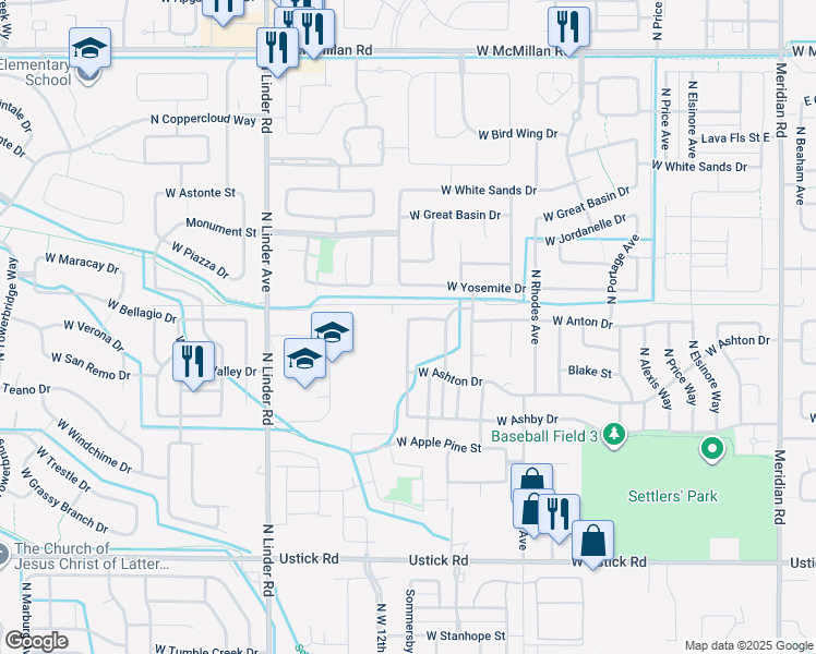 map of restaurants, bars, coffee shops, grocery stores, and more near 1108 West Anton Drive in Meridian