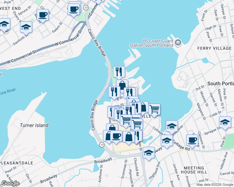 map of restaurants, bars, coffee shops, grocery stores, and more near 37 A Street in South Portland