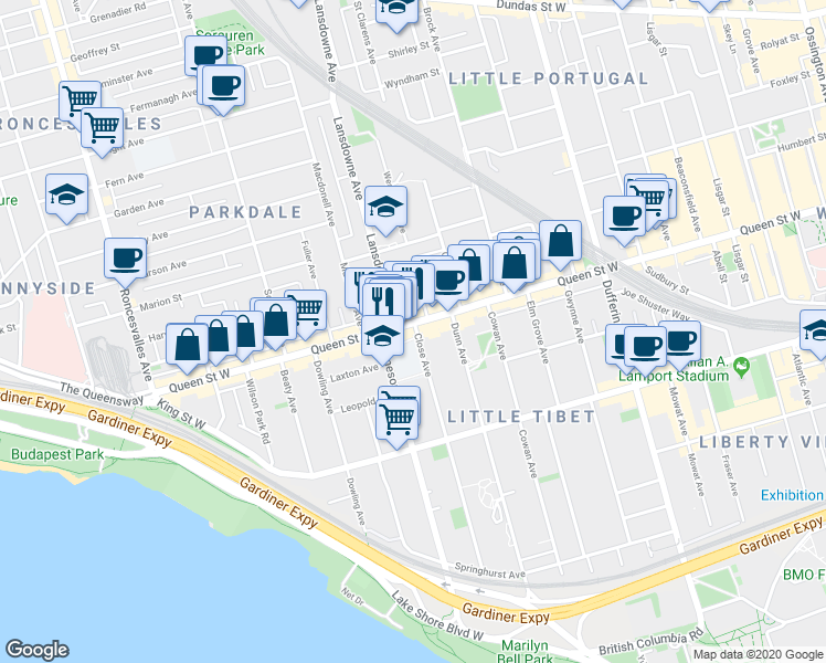 map of restaurants, bars, coffee shops, grocery stores, and more near in Toronto