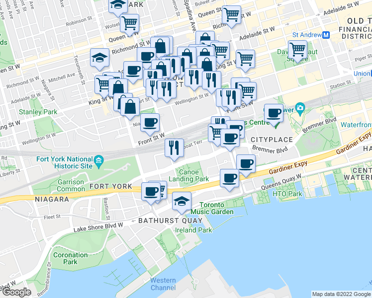 map of restaurants, bars, coffee shops, grocery stores, and more near in Toronto