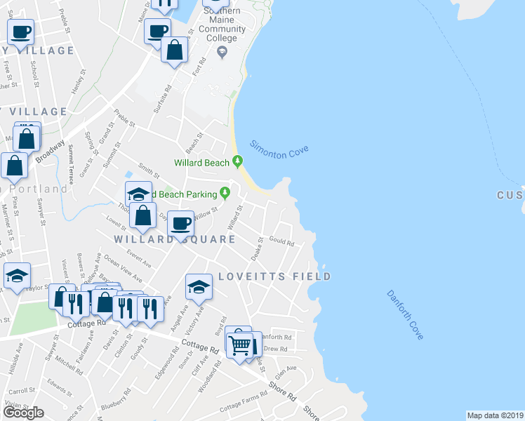 map of restaurants, bars, coffee shops, grocery stores, and more near 17 Deake Street in South Portland