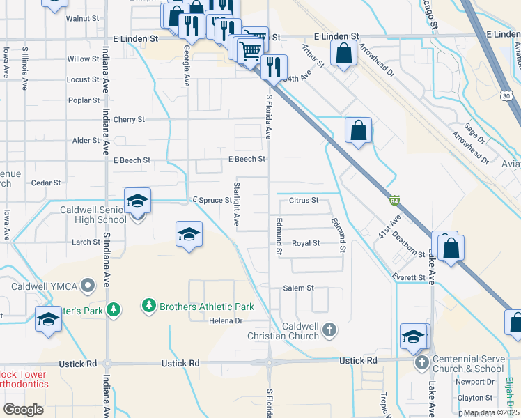 map of restaurants, bars, coffee shops, grocery stores, and more near 2808 Apollo Place in Caldwell