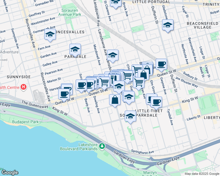 map of restaurants, bars, coffee shops, grocery stores, and more near 1488 Queen Street West in Toronto
