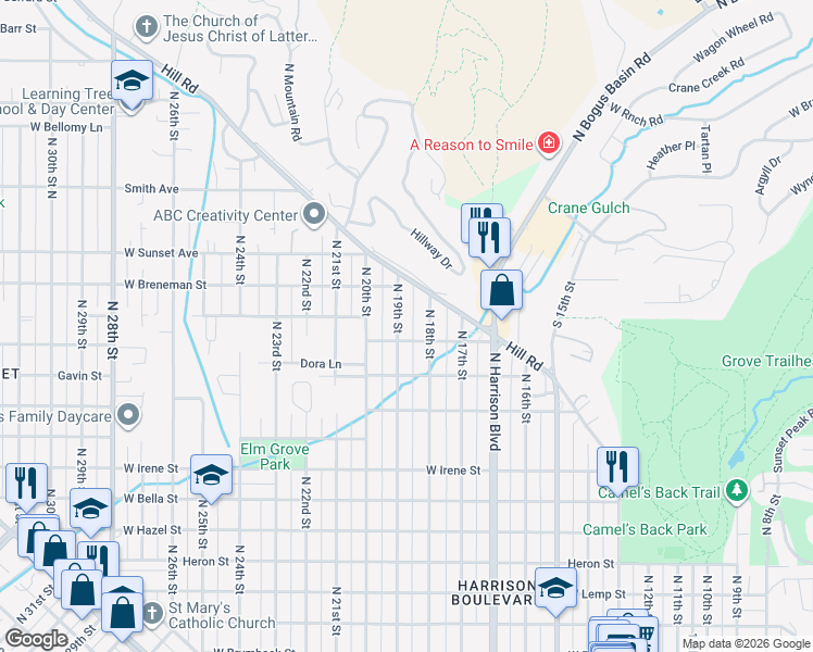 map of restaurants, bars, coffee shops, grocery stores, and more near 2305 North 19th Street in Boise