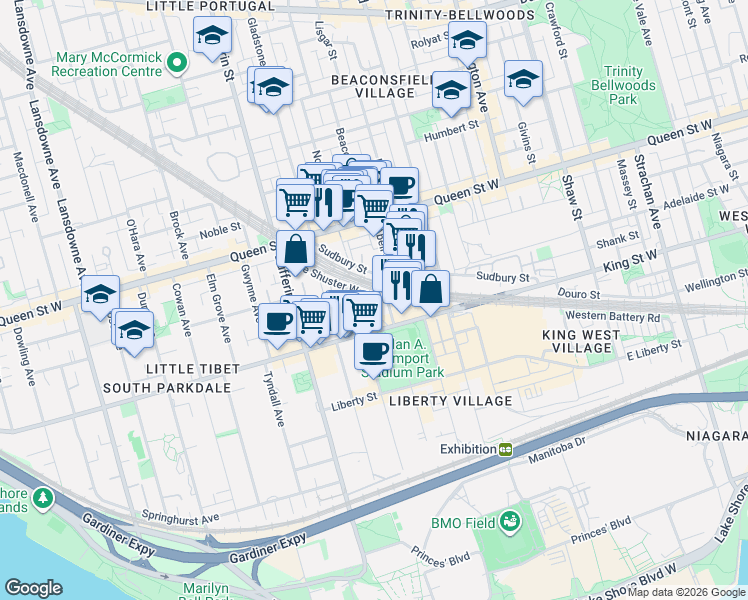 map of restaurants, bars, coffee shops, grocery stores, and more near 38 Joe Shuster Way in Toronto