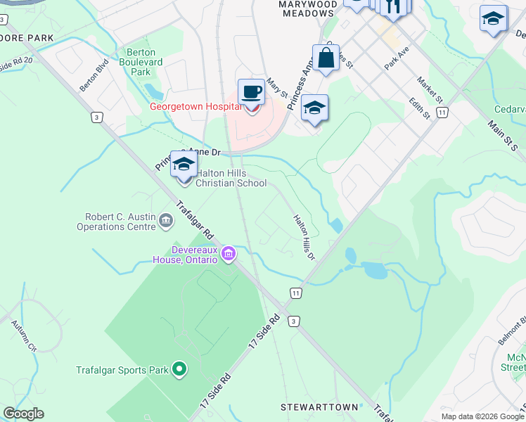 map of restaurants, bars, coffee shops, grocery stores, and more near 42 Wind Tree Way in Halton Hills