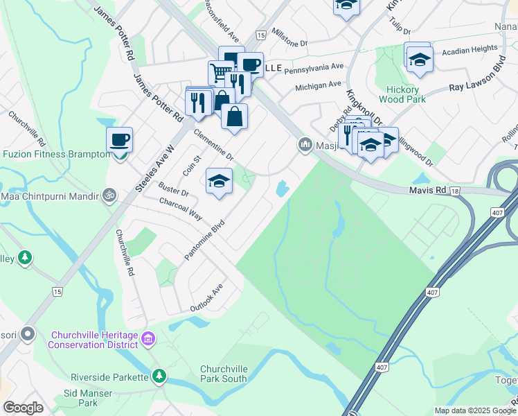 map of restaurants, bars, coffee shops, grocery stores, and more near 17 Pantomine Boulevard in Brampton
