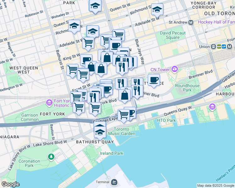 map of restaurants, bars, coffee shops, grocery stores, and more near 8 Telegram Mews in Toronto