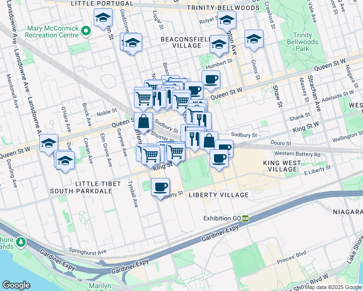 map of restaurants, bars, coffee shops, grocery stores, and more near 38 Joe Shuster Way in Toronto