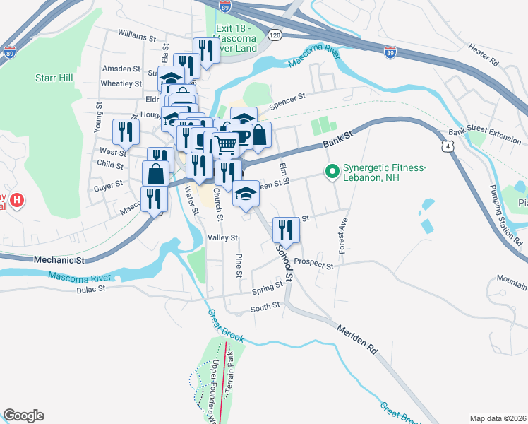 map of restaurants, bars, coffee shops, grocery stores, and more near 21 School Street in Lebanon