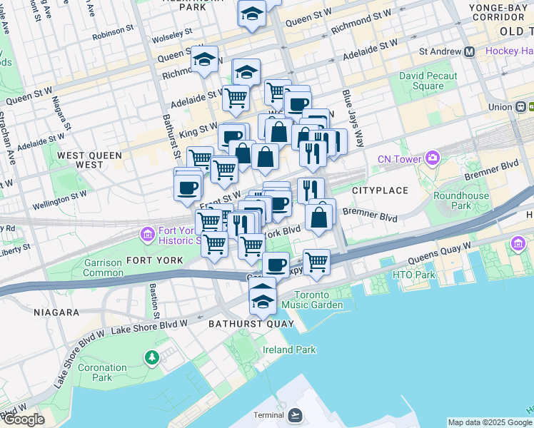 map of restaurants, bars, coffee shops, grocery stores, and more near 15 Iceboat Terrace in Toronto
