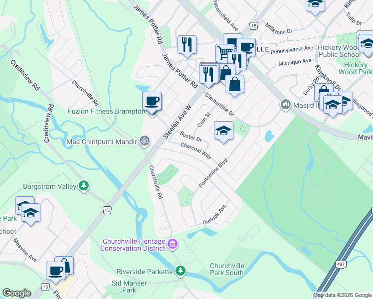 map of restaurants, bars, coffee shops, grocery stores, and more near 62 Charcoal Way in Brampton