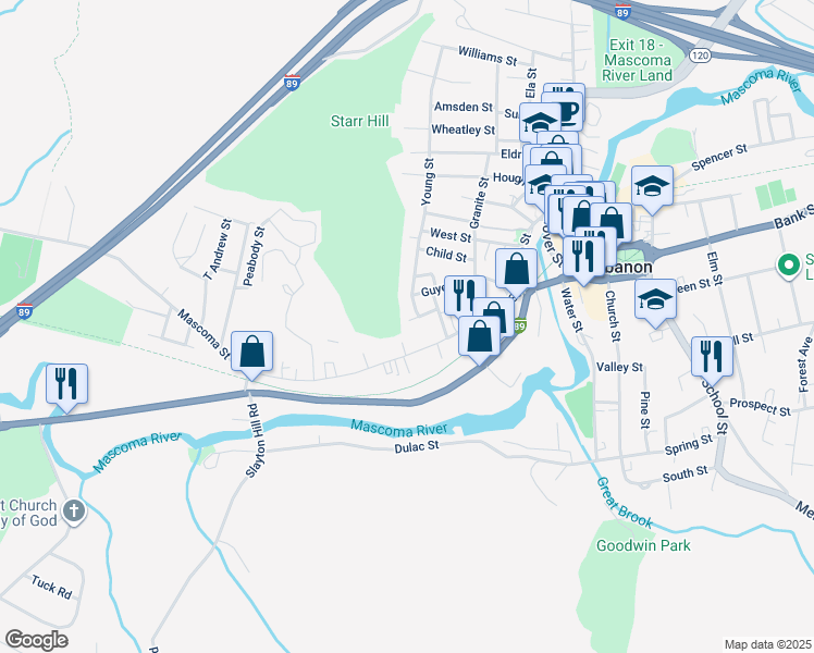 map of restaurants, bars, coffee shops, grocery stores, and more near 14 Worthen Street in Lebanon
