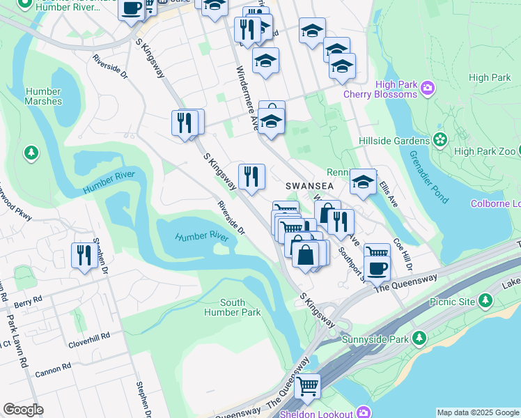 map of restaurants, bars, coffee shops, grocery stores, and more near 87 South Kingsway in Toronto