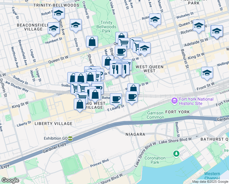 map of restaurants, bars, coffee shops, grocery stores, and more near Douro Street in Toronto