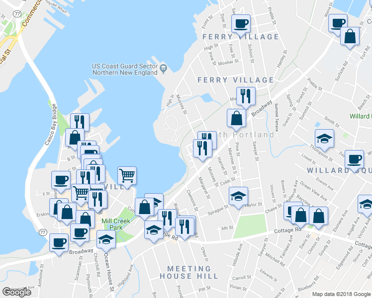 map of restaurants, bars, coffee shops, grocery stores, and more near 87 Margaret Street in South Portland