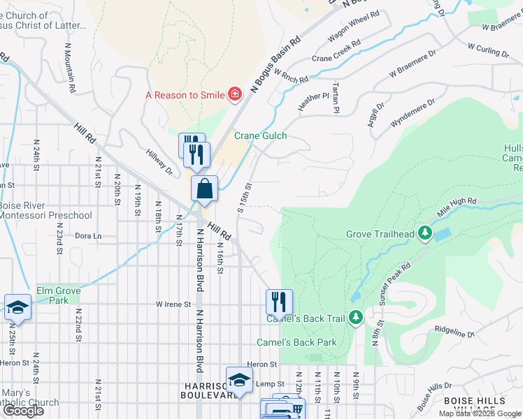 map of restaurants, bars, coffee shops, grocery stores, and more near 2340 North 15th Street in Boise
