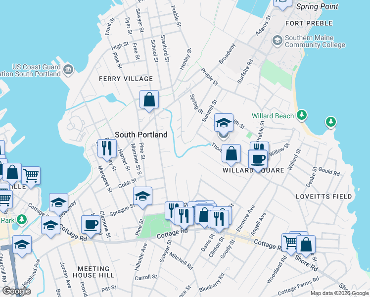 map of restaurants, bars, coffee shops, grocery stores, and more near 118 Summit Terrace in South Portland
