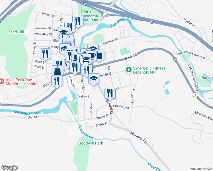 map of restaurants, bars, coffee shops, grocery stores, and more near 21 School Street in Lebanon
