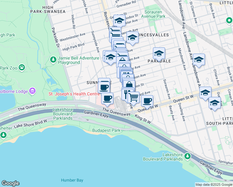 map of restaurants, bars, coffee shops, grocery stores, and more near 213 Pearson Avenue in Toronto