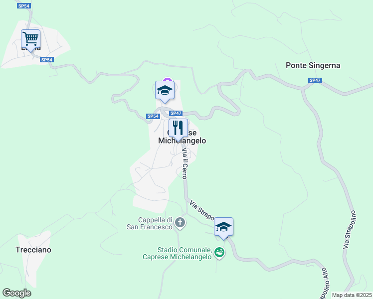 map of restaurants, bars, coffee shops, grocery stores, and more near 87 Via Capoluogo in Caprese Michelangelo