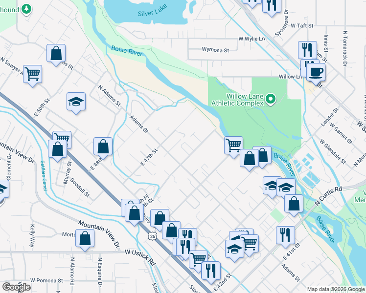 map of restaurants, bars, coffee shops, grocery stores, and more near 413 East 47th Street in Boise