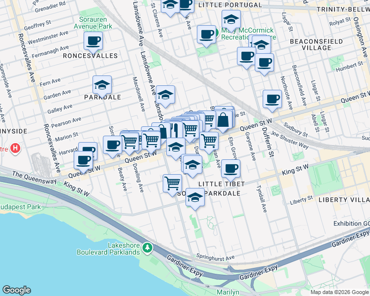 map of restaurants, bars, coffee shops, grocery stores, and more near 1369 Queen Street West in Toronto