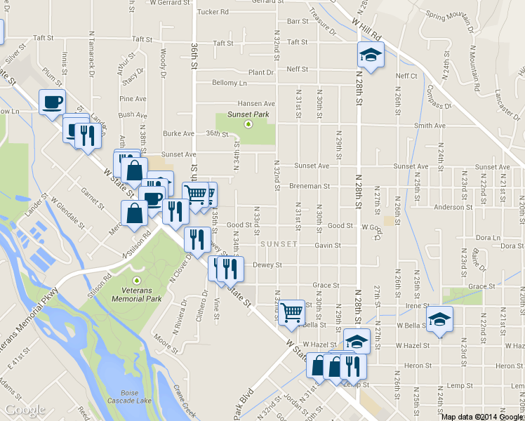 map of restaurants, bars, coffee shops, grocery stores, and more near 3210 West Anderson Street in Boise