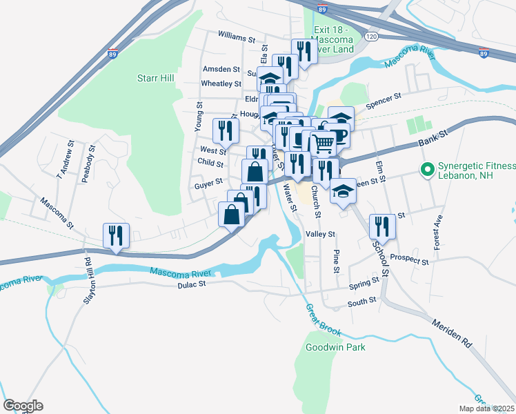 map of restaurants, bars, coffee shops, grocery stores, and more near 25 Mechanic Street in Lebanon