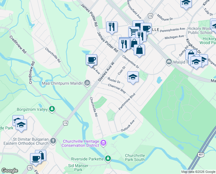 map of restaurants, bars, coffee shops, grocery stores, and more near 74 Charcoal Way in Brampton