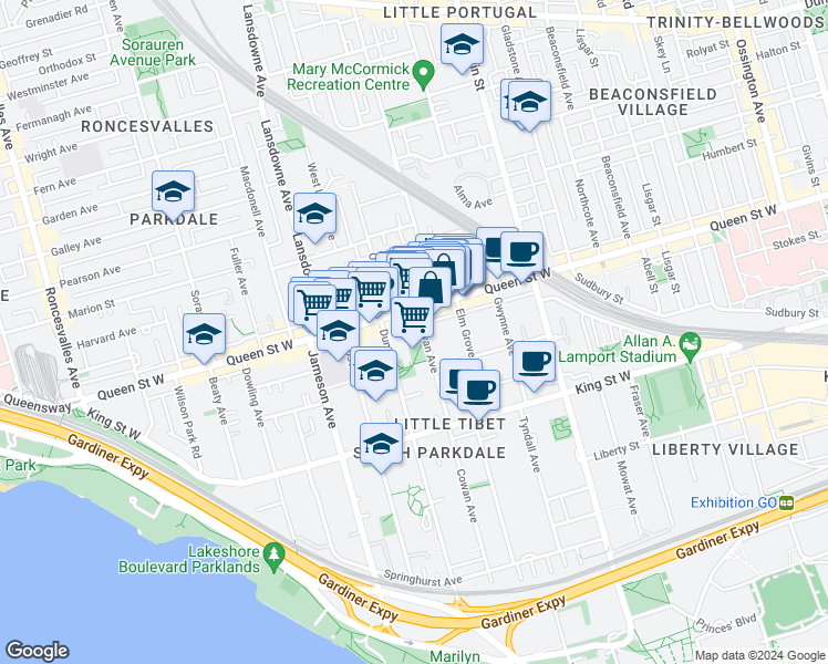 map of restaurants, bars, coffee shops, grocery stores, and more near 220 Cowan Avenue in Toronto